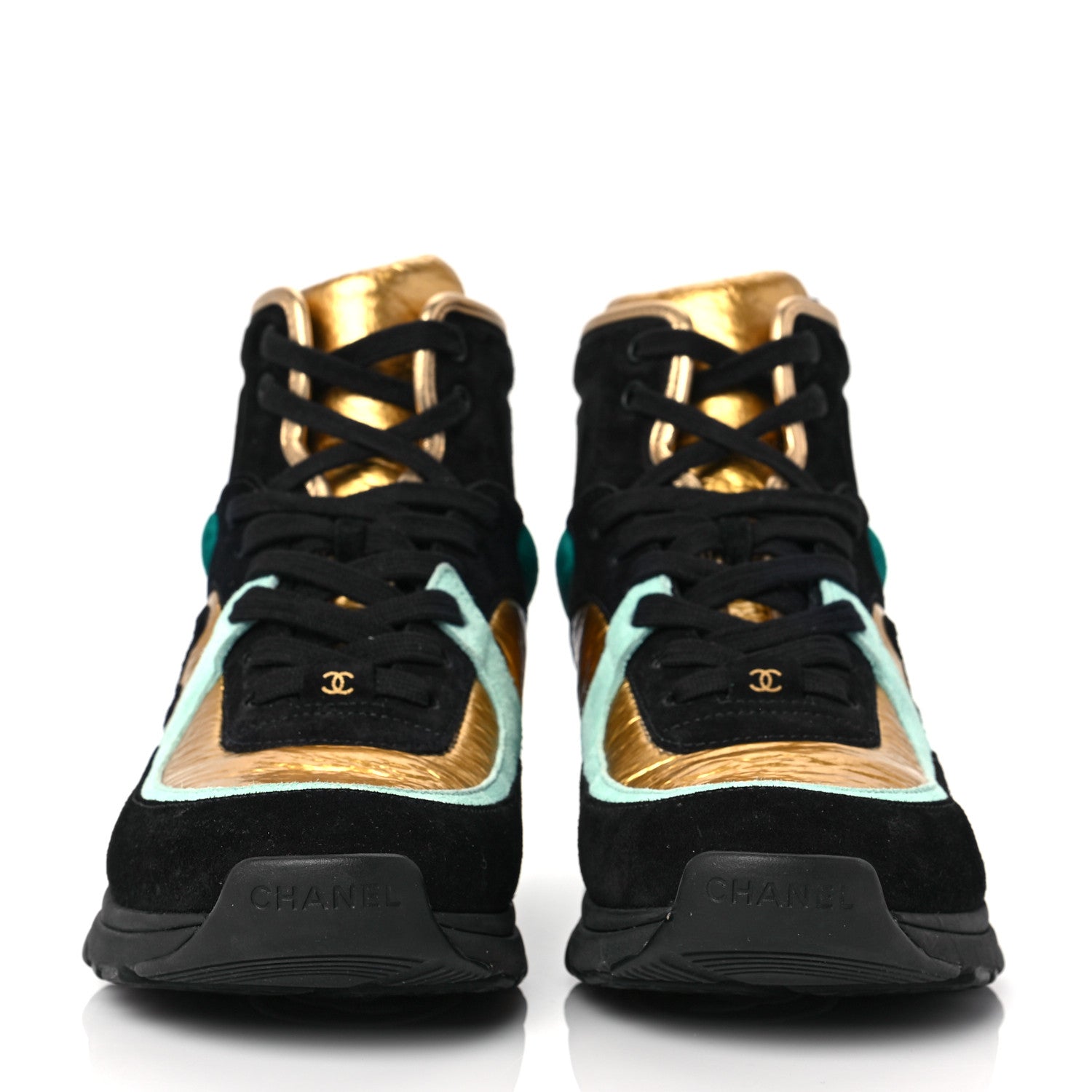 Chanel Suede Calfskin Fabric CC High Top Sneakers 39.5 Black Turquoise Gold 2 of 7