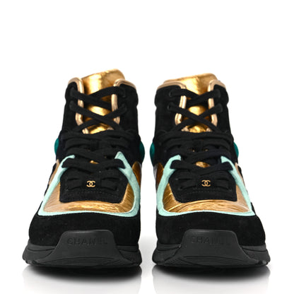 Chanel Suede Calfskin Fabric CC High Top Sneakers 39.5 Black Turquoise Gold 2 of 7