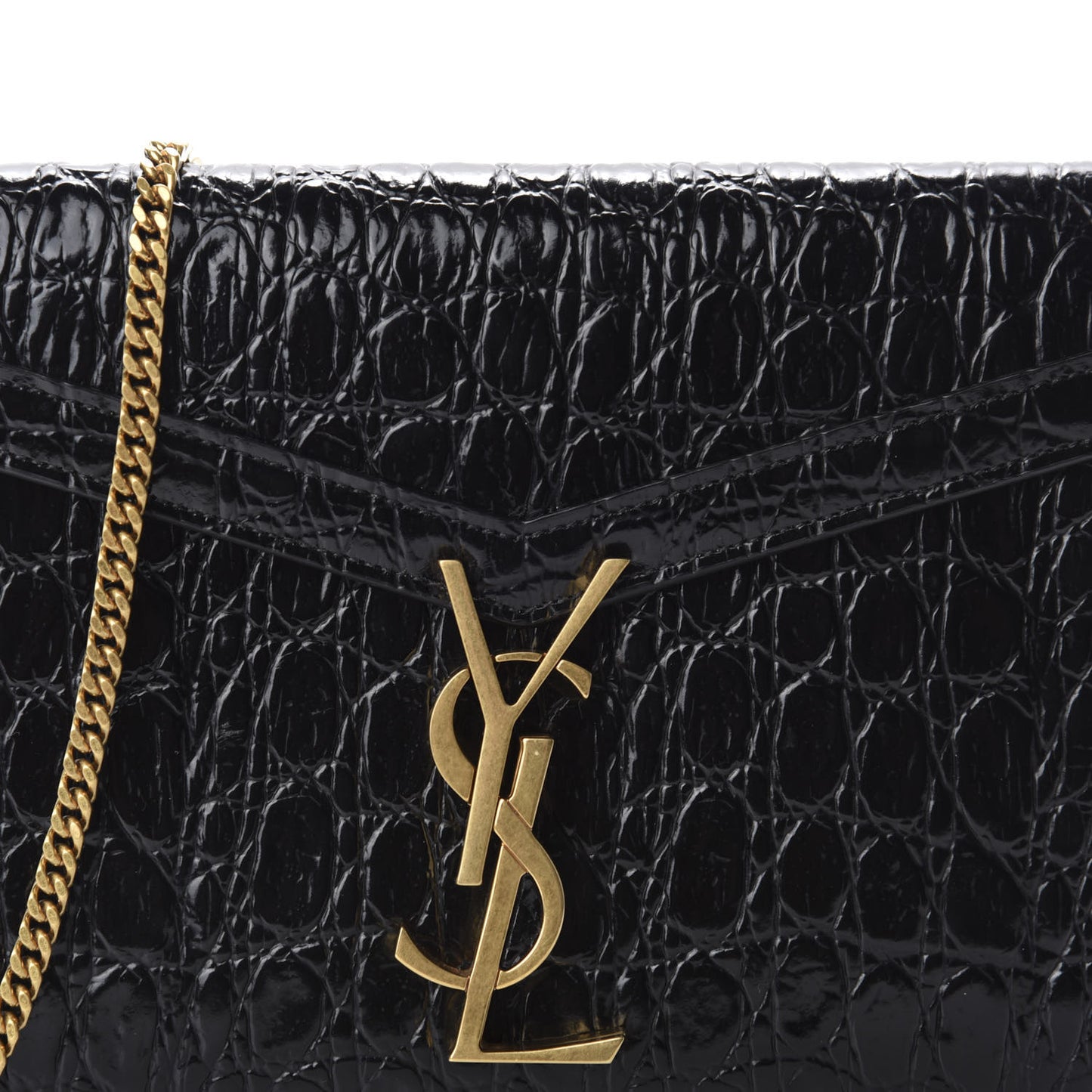 Calfskin Crocodile Embossed Monogram Cassandra Chain Wallet Black