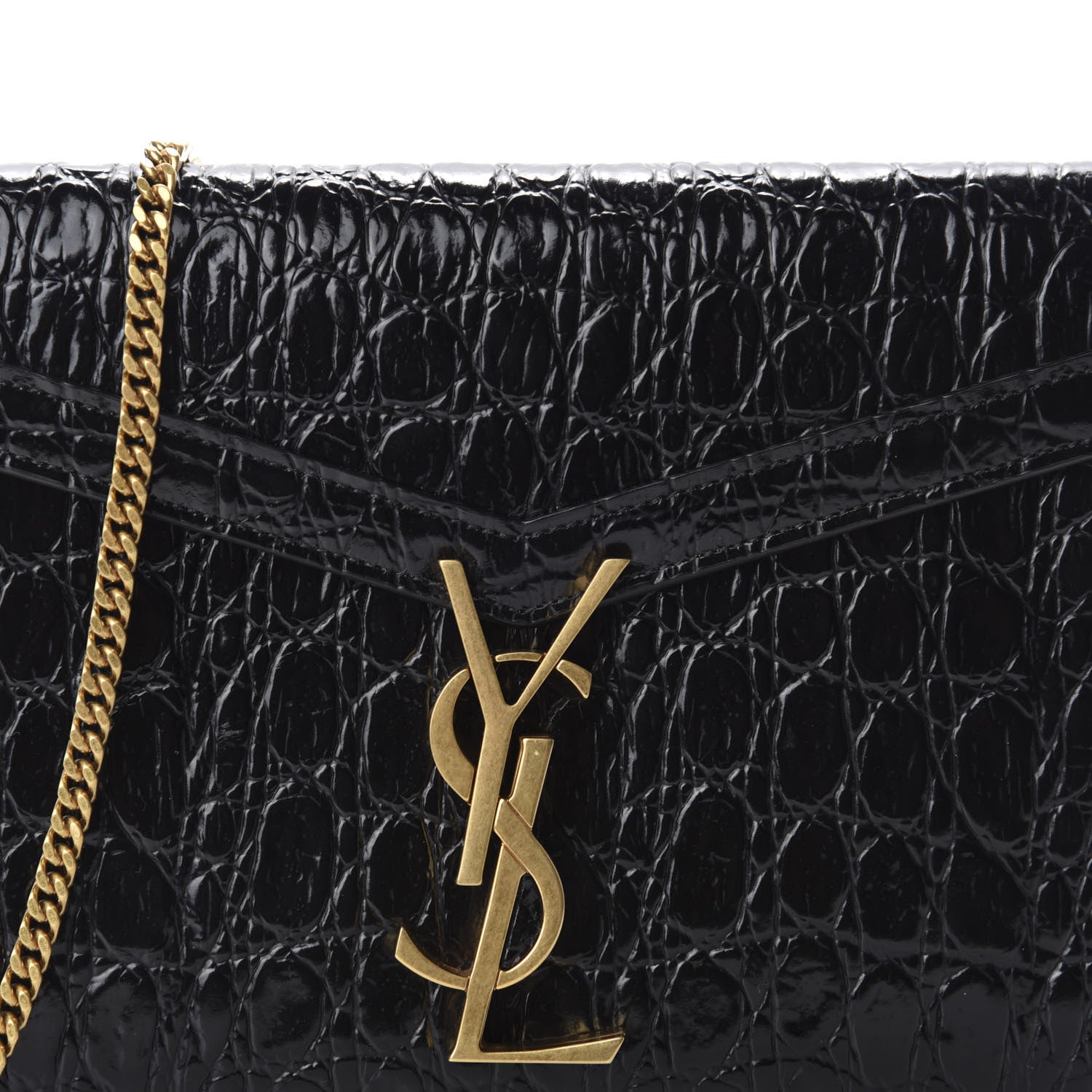Saint Laurent Calfskin Crocodile Embossed Monogram Cassandra Chain Wallet Black 10 of 11