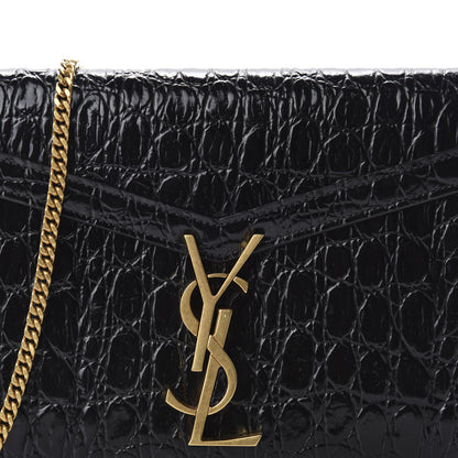 Saint Laurent Calfskin Crocodile Embossed Monogram Cassandra Chain Wallet Black 10 of 11