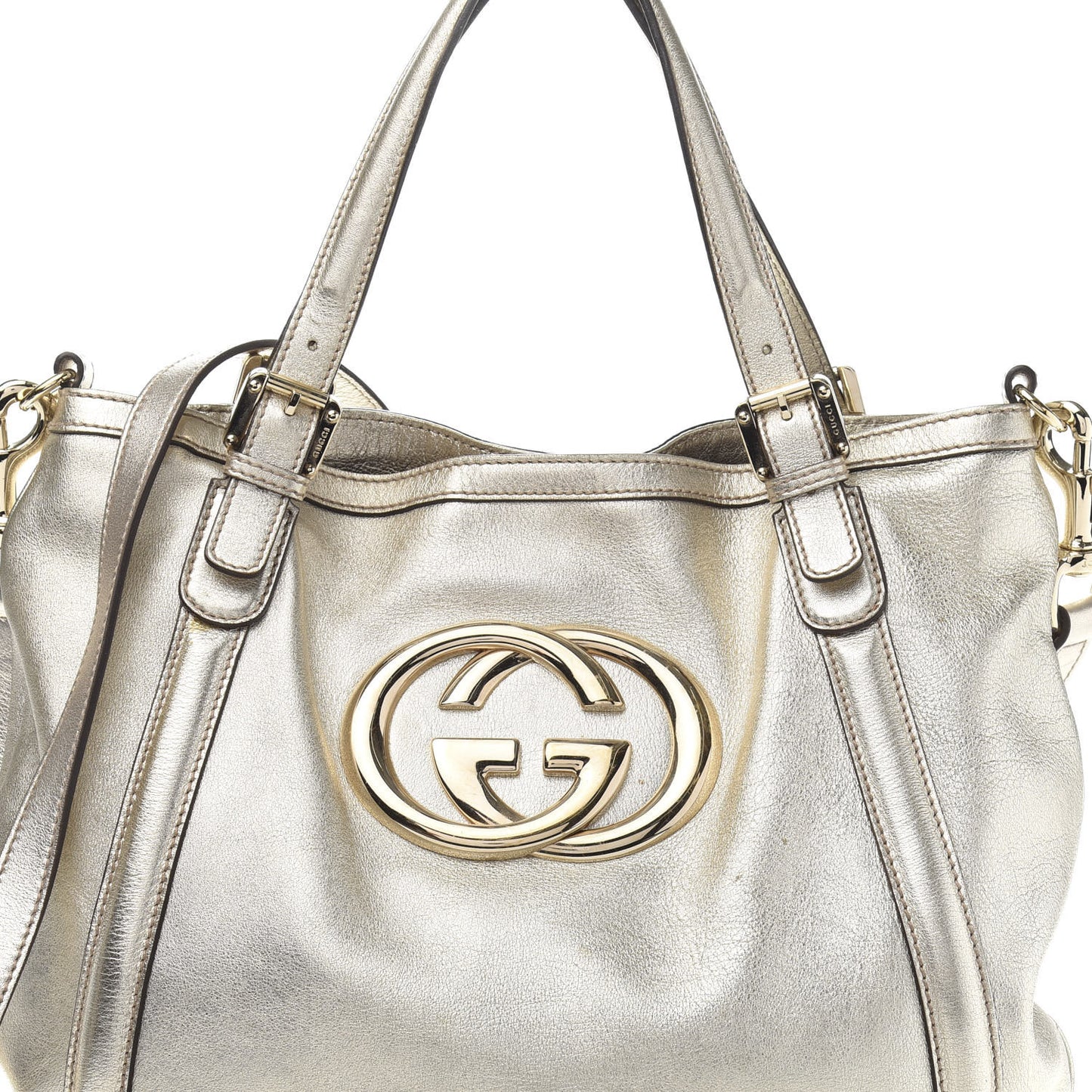Metallic Calfskin Medium Britt Tote Platinum
