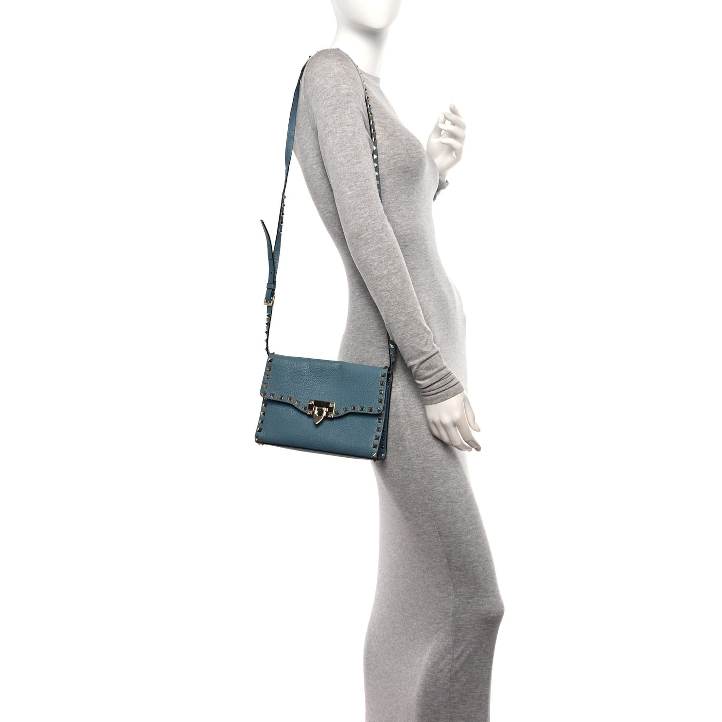 Pebbled Calfskin Medium Rockstud Flip Lock Crossbody Bag Celadon
