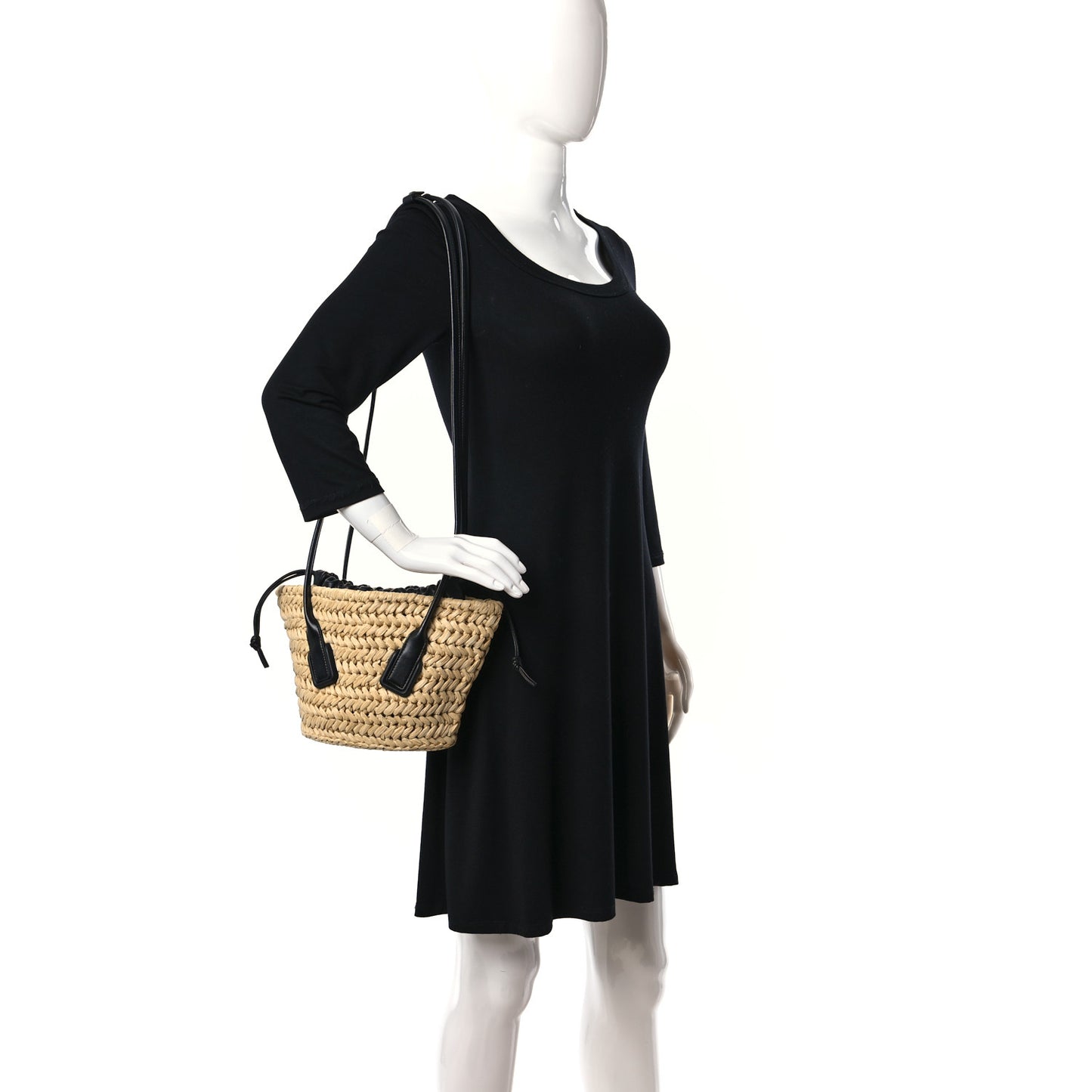 Raffia Calfskin Small Arco Basket Black