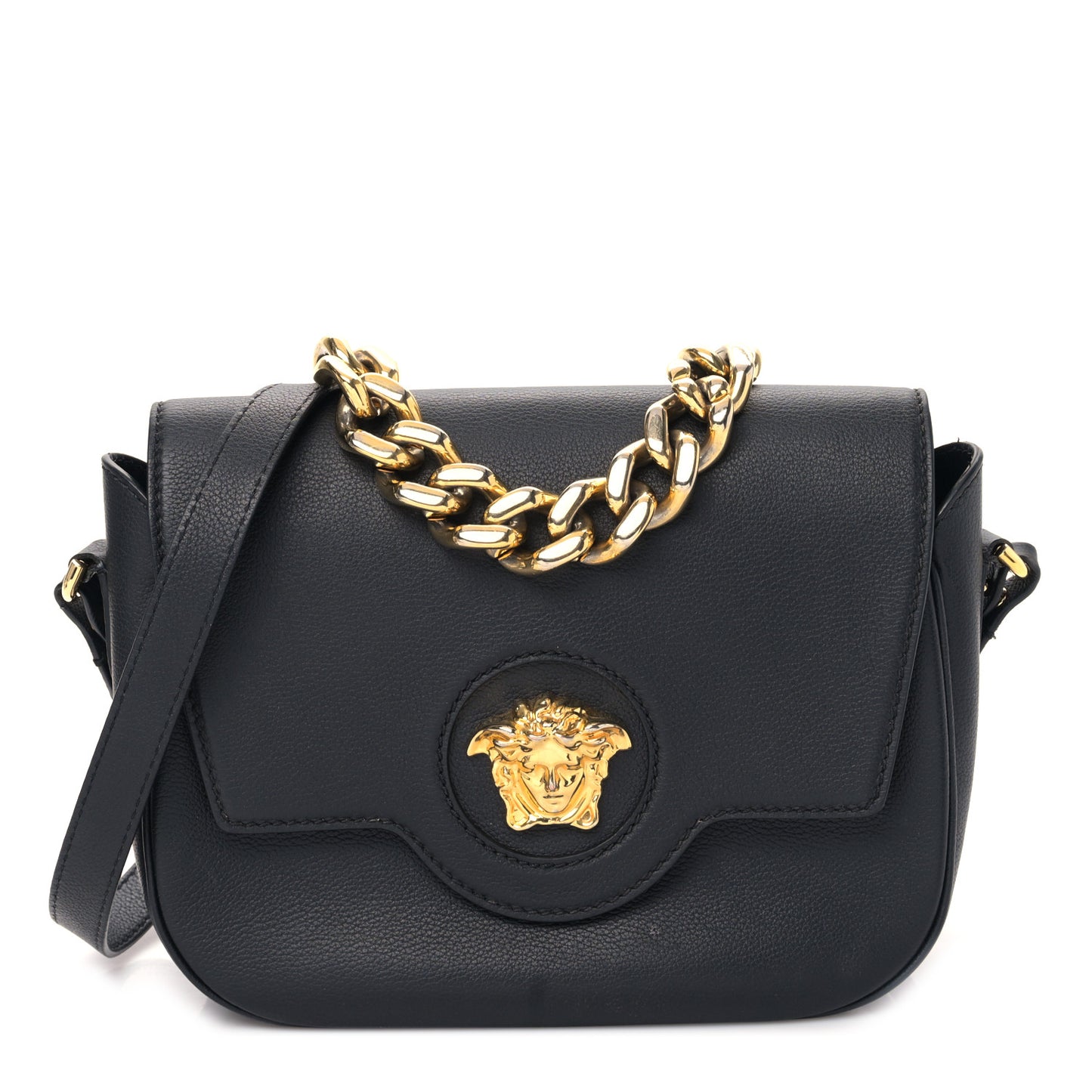 Grained Calfskin La Medusa Flap Shoulder Bag Black