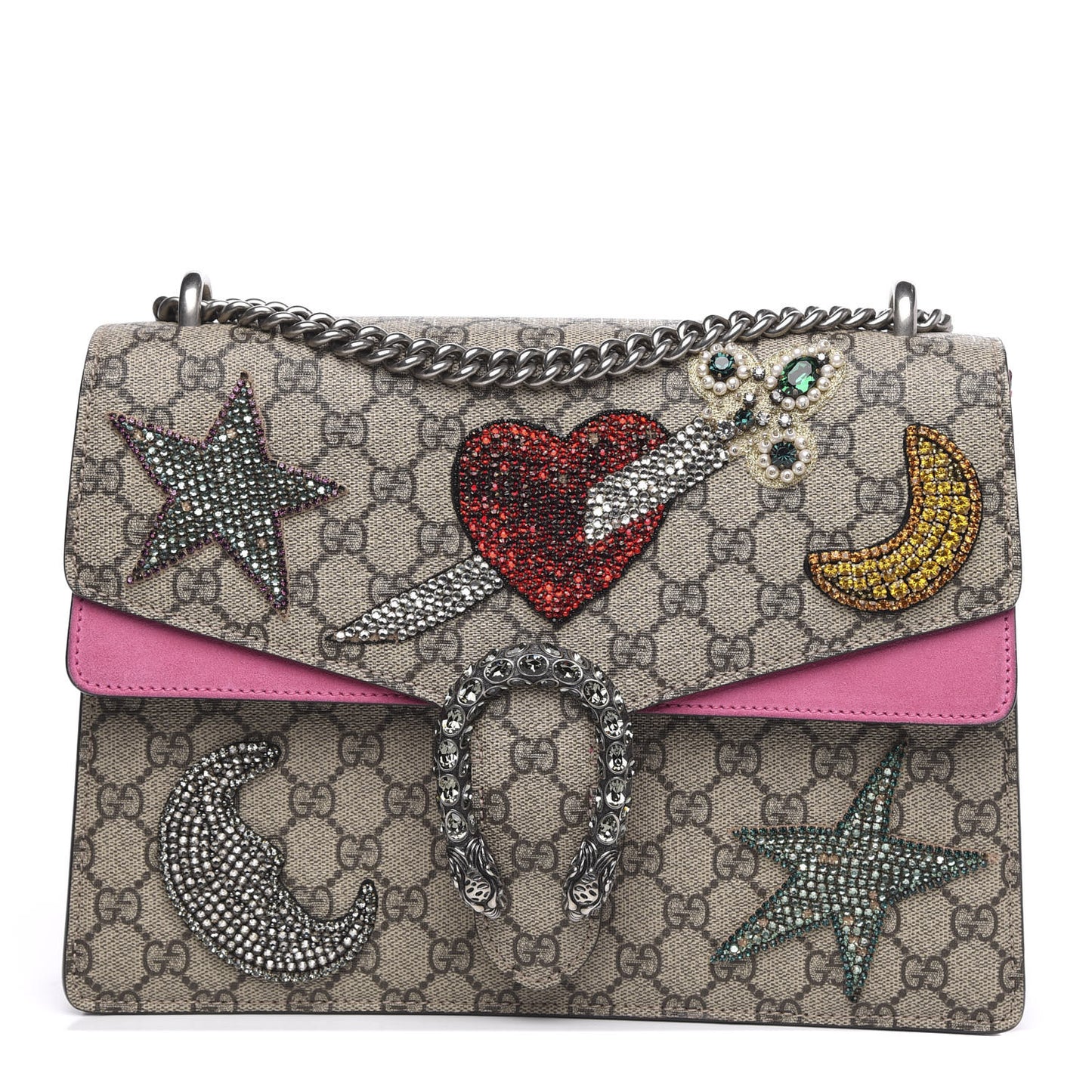 GG Supreme Monogram Suede Pierced Heart Embroidered Medium Dionysus Shoulder Bag Beige Ebony Pink Tropical Flower