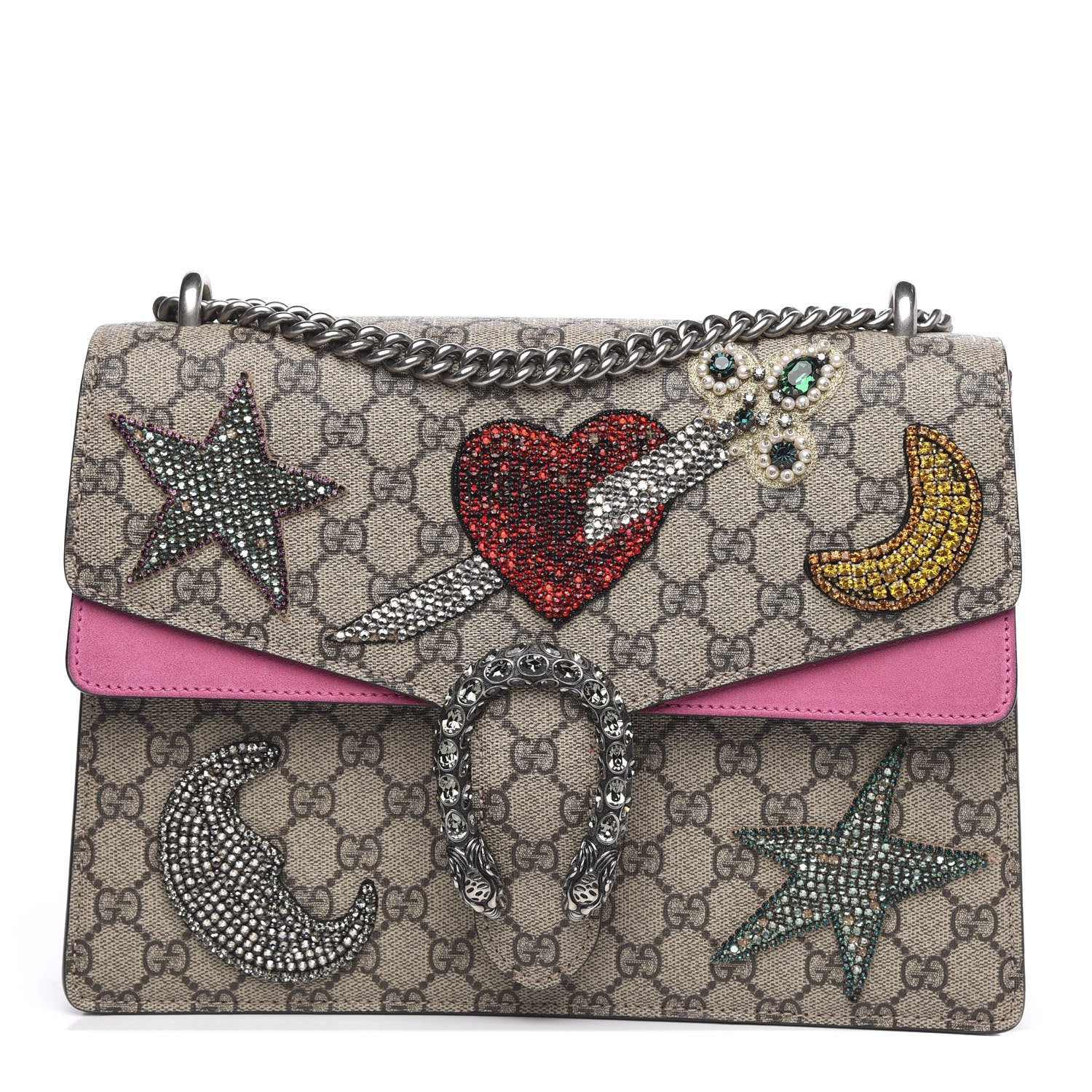 Gucci GG Supreme Monogram Suede Pierced Heart Embroidered Medium Dionysus Shoulder Bag Beige Ebony Pink Tropical Flower 1 of 16