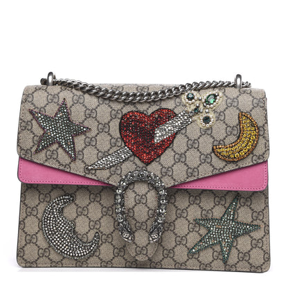 Gucci GG Supreme Monogram Suede Pierced Heart Embroidered Medium Dionysus Shoulder Bag Beige Ebony Pink Tropical Flower 1 of 16