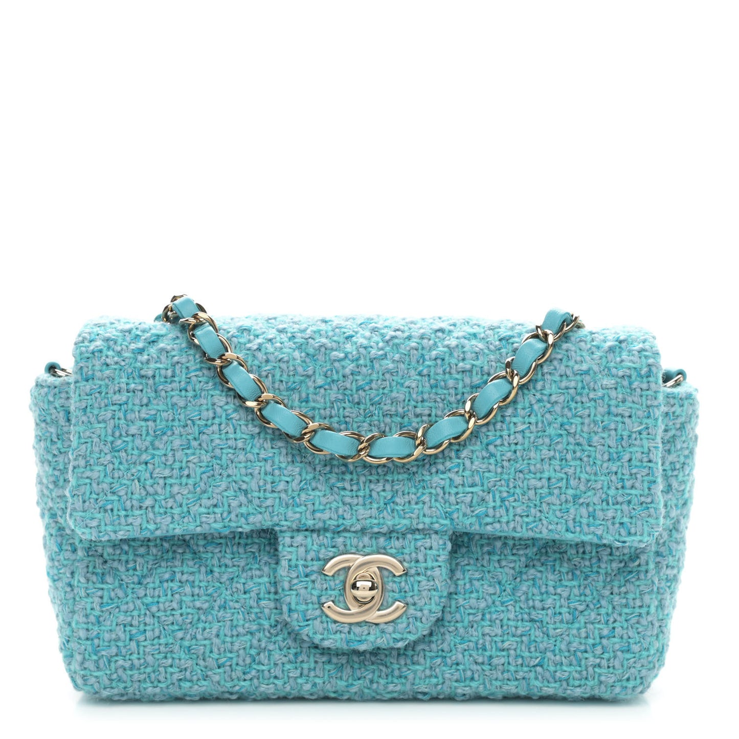 Wool Tweed Quilted Mini Rectangular Flap Turquoise Light Blue