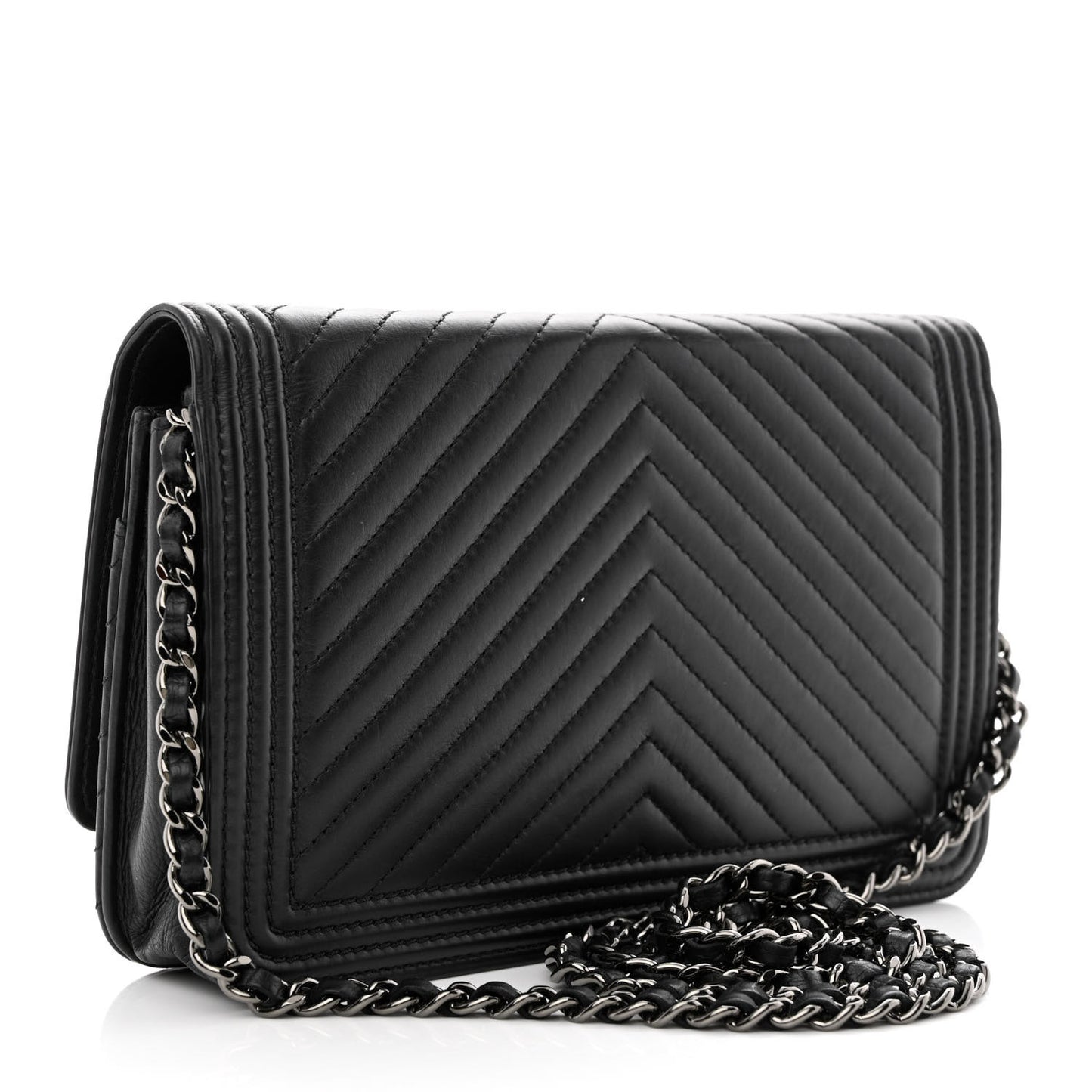 Calfskin Chevron Quilted Boy Wallet On Chain WOC Black