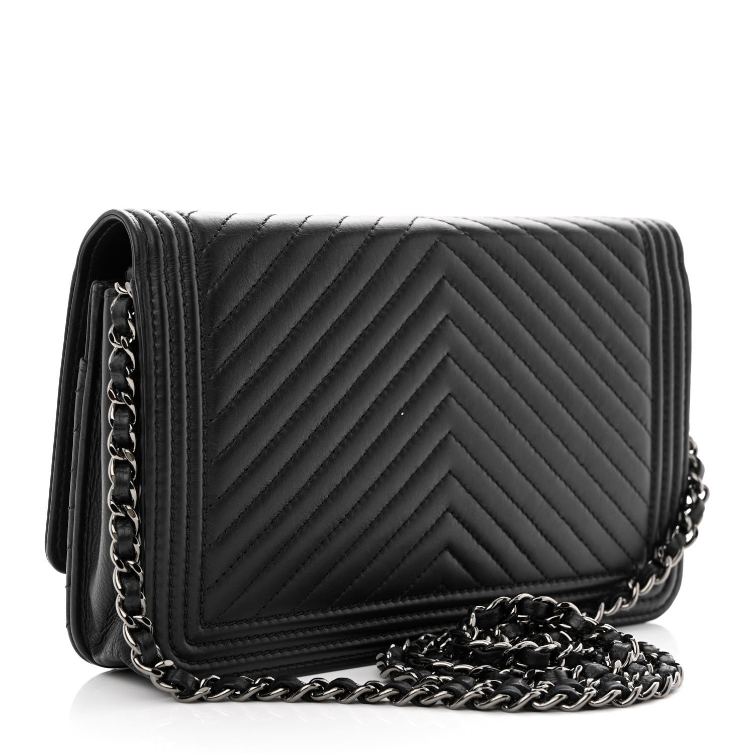 Chanel Calfskin Chevron Quilted Boy Wallet On Chain WOC Black 3 of 15