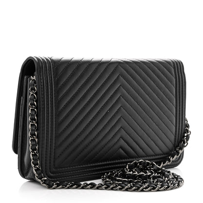 Chanel Calfskin Chevron Quilted Boy Wallet On Chain WOC Black 3 of 15