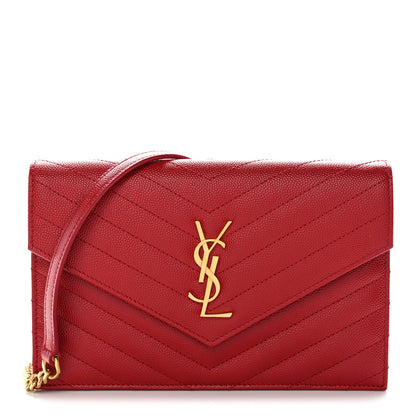 Saint Laurent Grain De Poudre Matelasse Chevron Monogram Envelope Chain Wallet New Red 1 of 10