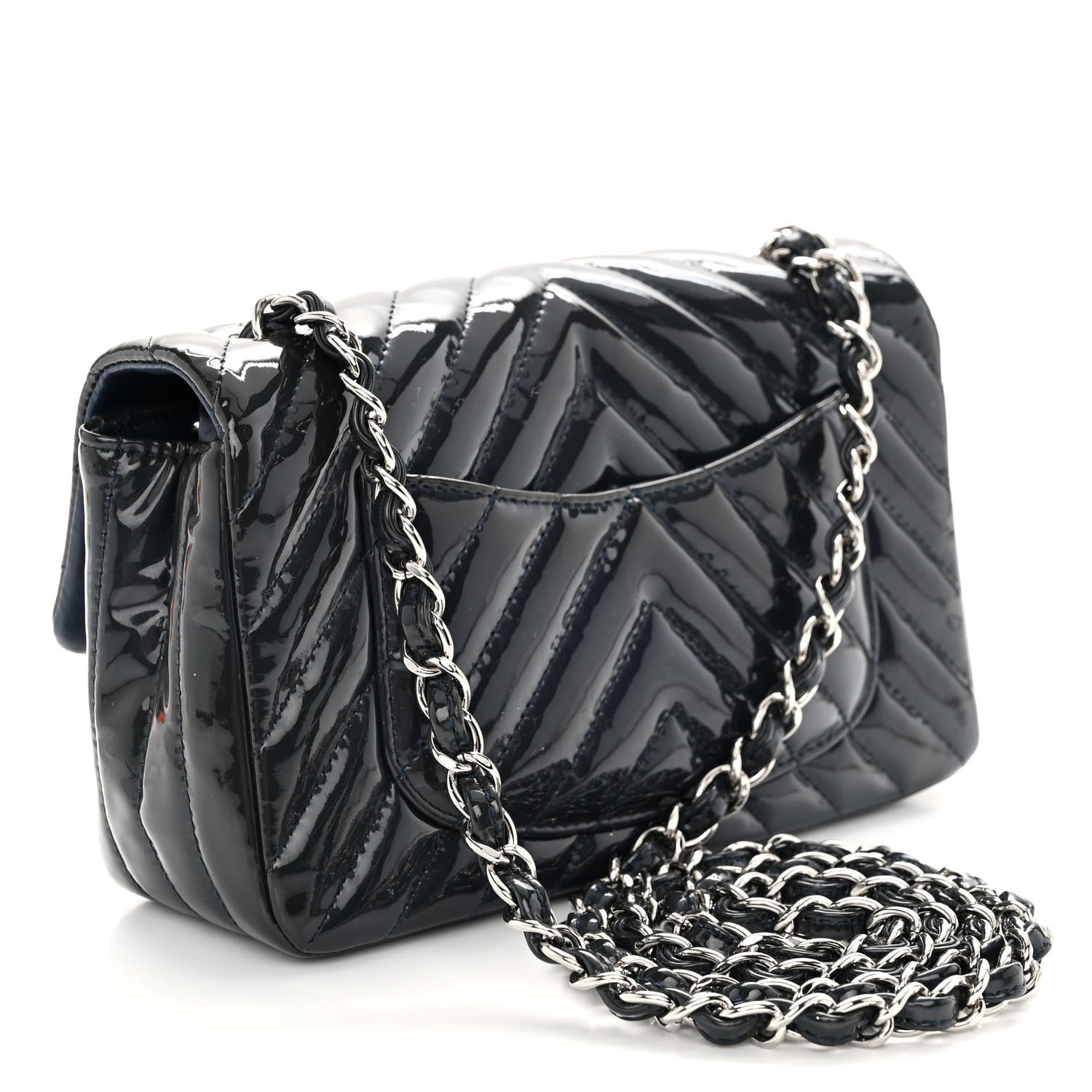 Chanel Patent Calfskin Chevron Quilted Mini Rectangular Flap Navy Blue 4 of 12