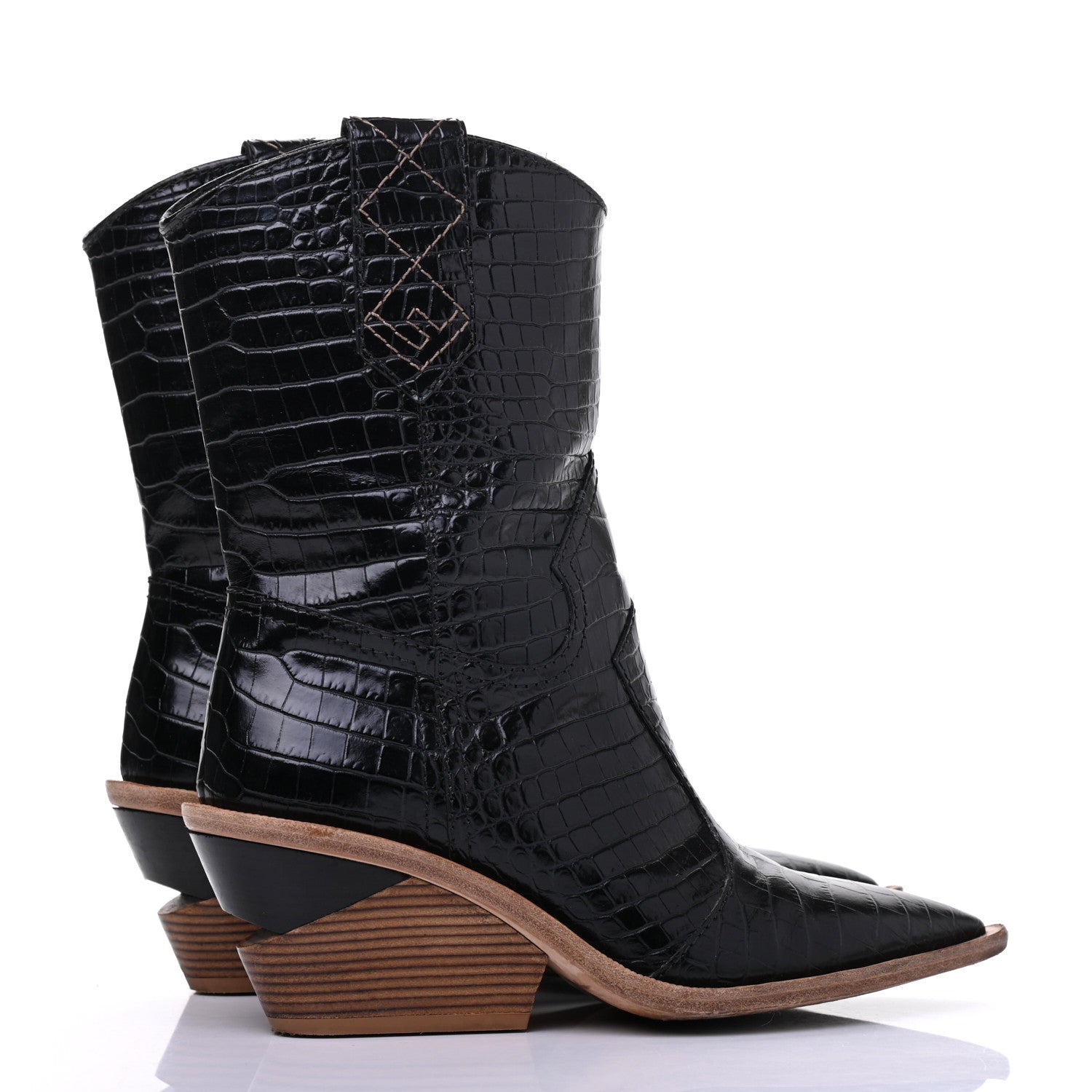 Fendi Calfskin Crocodile Embossed Cutwalk Ankle Boots 37 Black 4 of 15