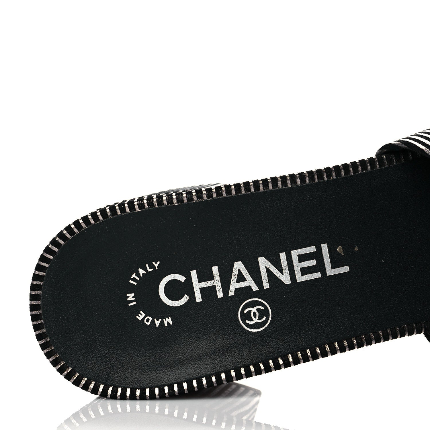 Chanel Calfskin Striped Beaded CC Mule Sandals 39 Black 9 of 11
