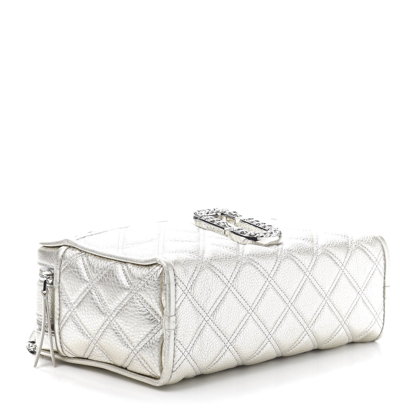 Metallic Grained Calfskin Quilted Double Stitched The Status Shoulder Bag Silver