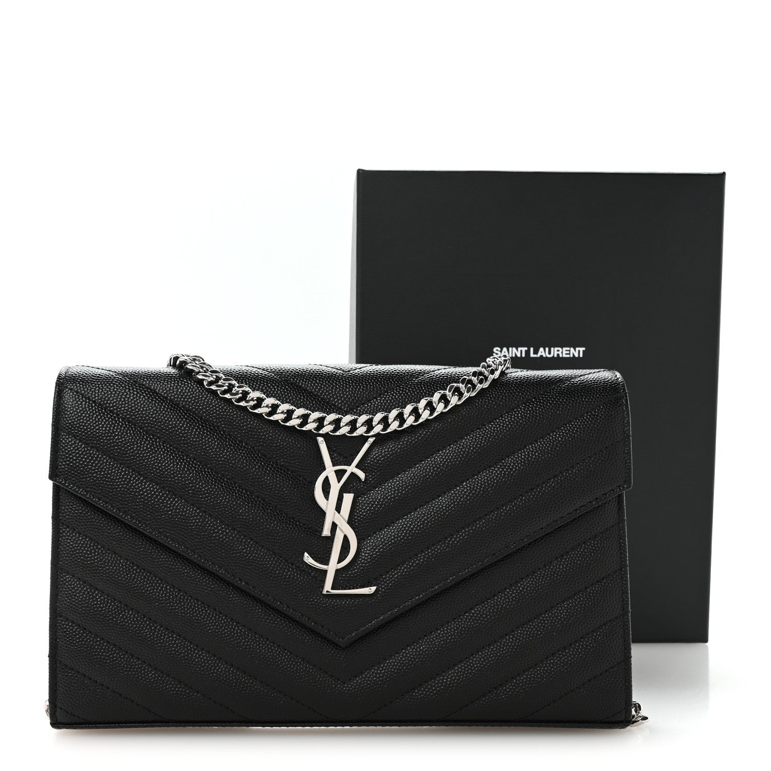 Saint Laurent Grain De Poudre Matelasse Chevron Monogram Chain Wallet Black 18 of 19