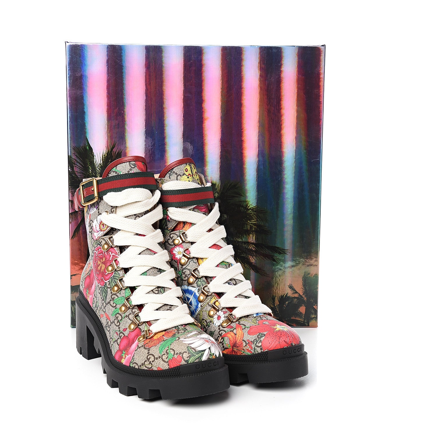 Gucci GG Supreme Monogram Flora Lace Up Combat Ankle Boots 40 Beige Multicolor Red 8 of 8