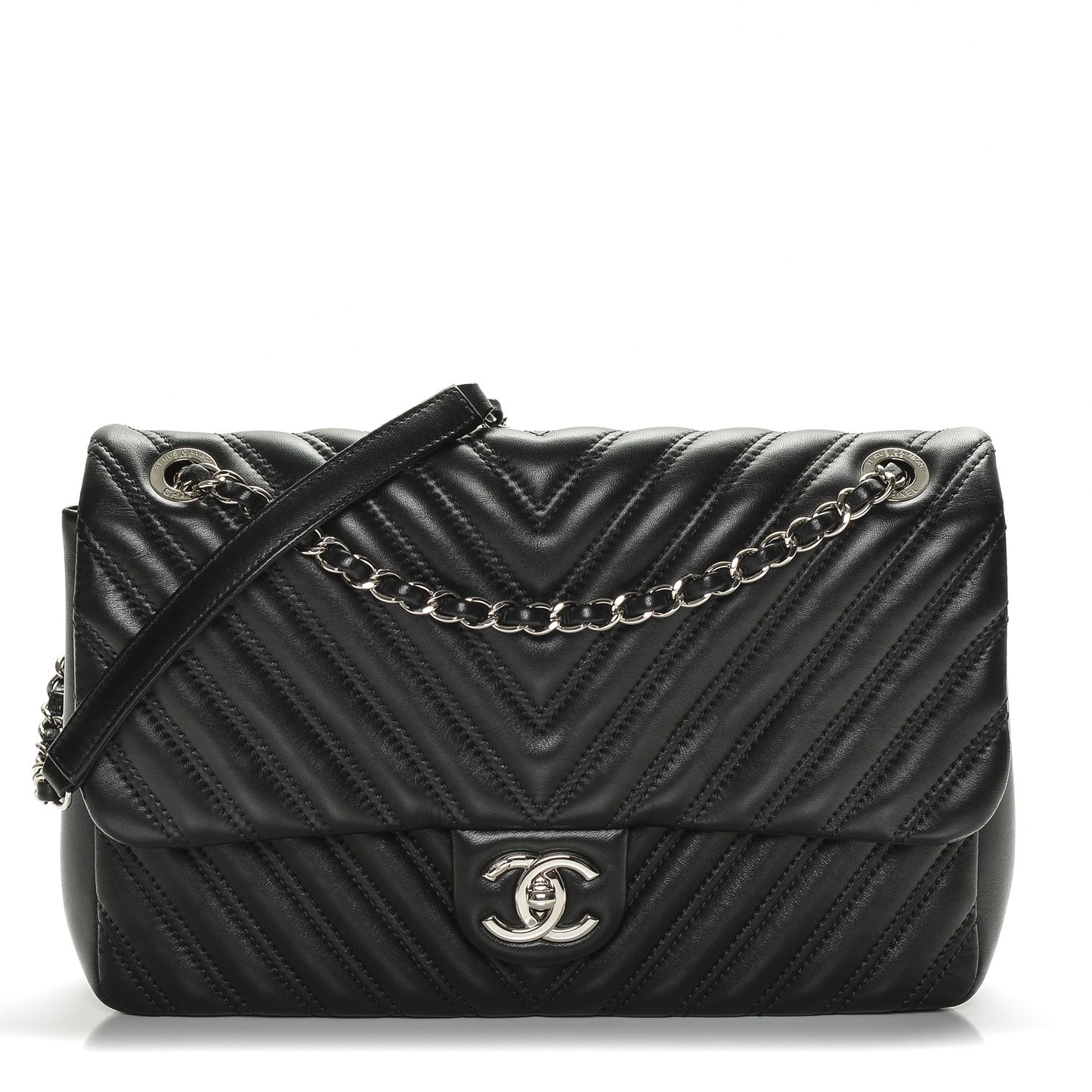 Lambskin Chevron Quilted Double Stitch Jumbo Single Flap Black