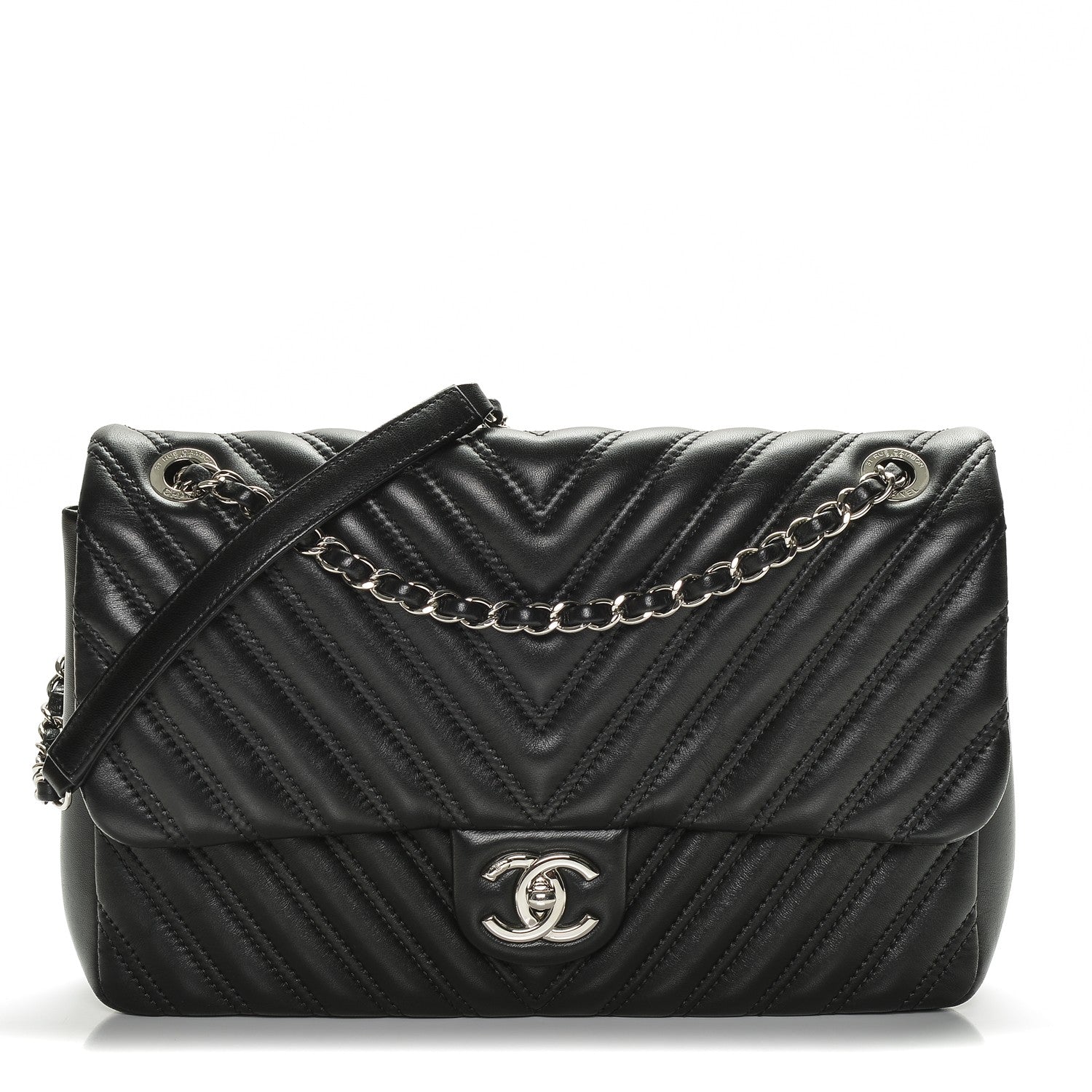Chanel Lambskin Chevron Quilted Double Stitch Jumbo Single Flap Black 1 of 7