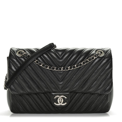 Chanel Lambskin Chevron Quilted Double Stitch Jumbo Single Flap Black 1 of 7