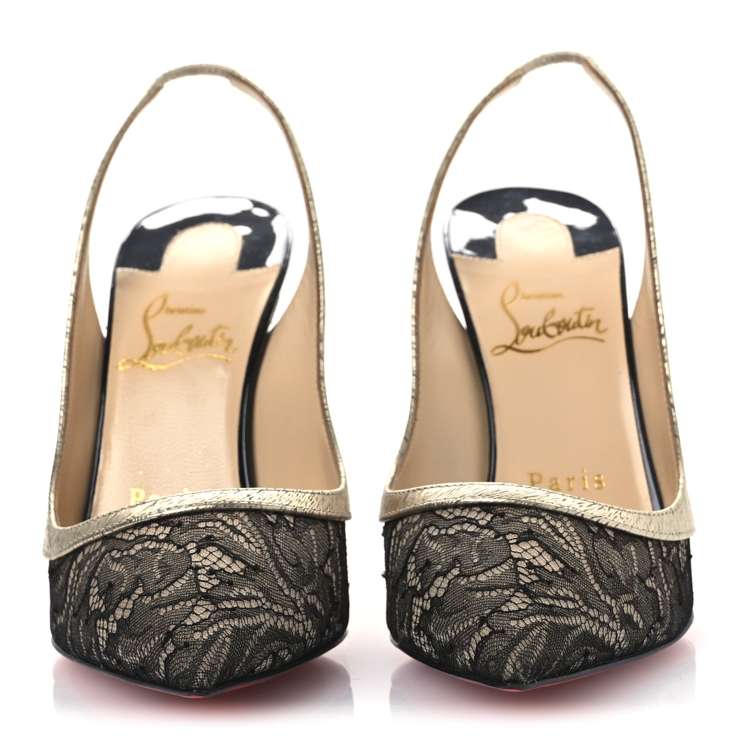Christian Louboutin Lace Metallic Calfskin Slingback Pumps 36.5 Black Gold 3 of 9