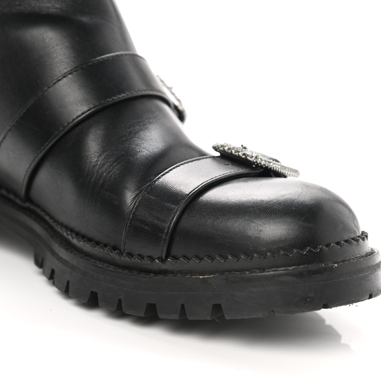 Calfskin Crystal Buckle Hank Boots 38 Black