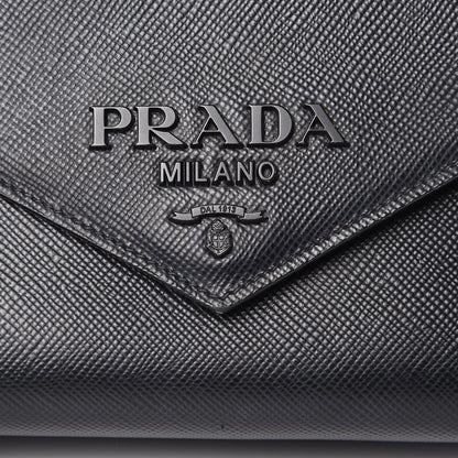 Prada Saffiano Cuir Calfskin Monochrome Envelope Flap Chain Shoulder Bag Black 11 of 18