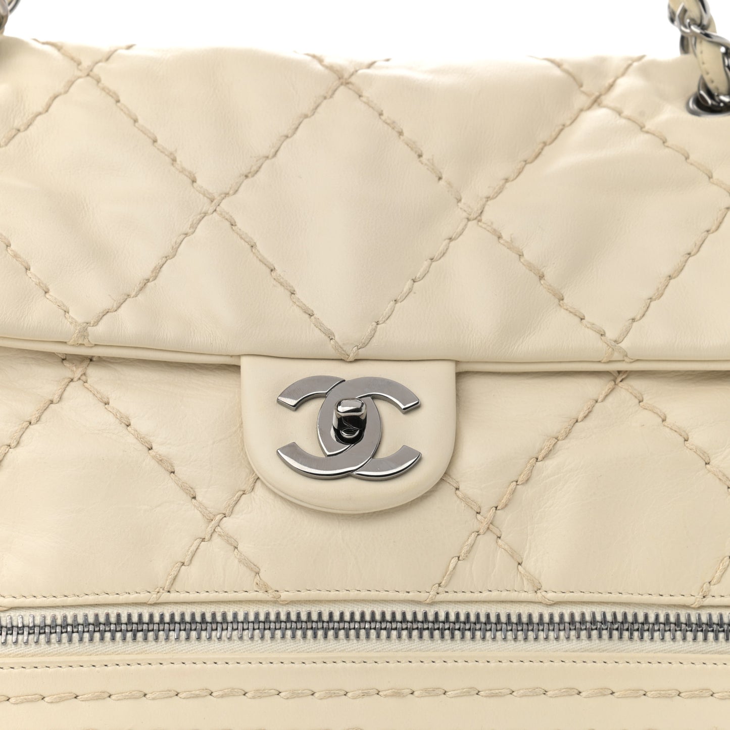 Calfskin Stitched Large Expandable Flap Bag White
