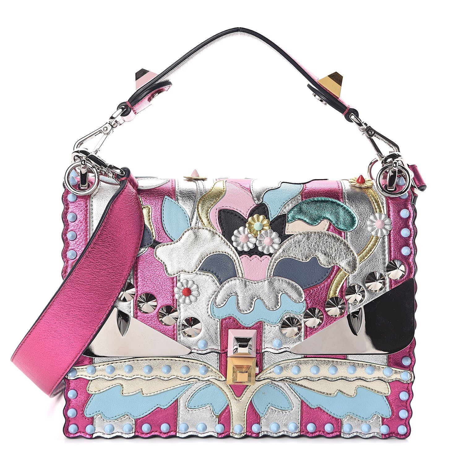 Fendi Metallic Calfskin Wonder Monster Kan I Shoulder Bag Pink Silver 1 of 9
