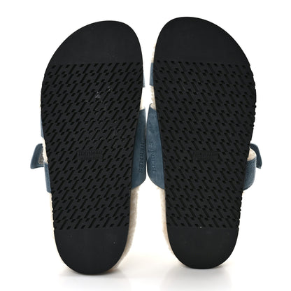 Hermes Suede Goatskin Woolskin Womens Chypre Sandals 39 Bleu Pinede Ecru 5 of 7