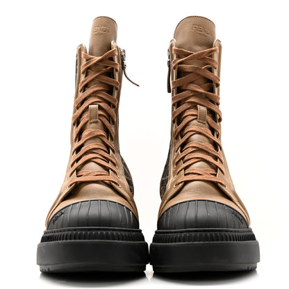 Fendi Fabric Jacquard Vitello FF Domino 50mm Biker Boots 41 Tobacco Black Sand 2 of 11