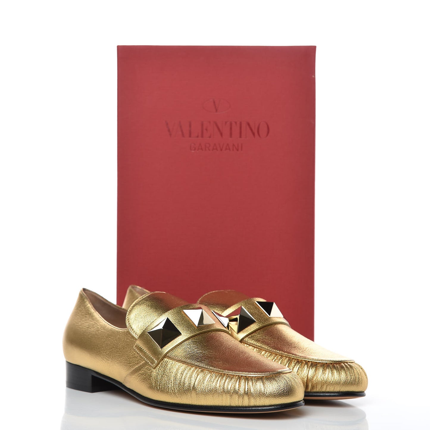 Metallic Calfskin Rockstud Loafers 38 Deep Gold