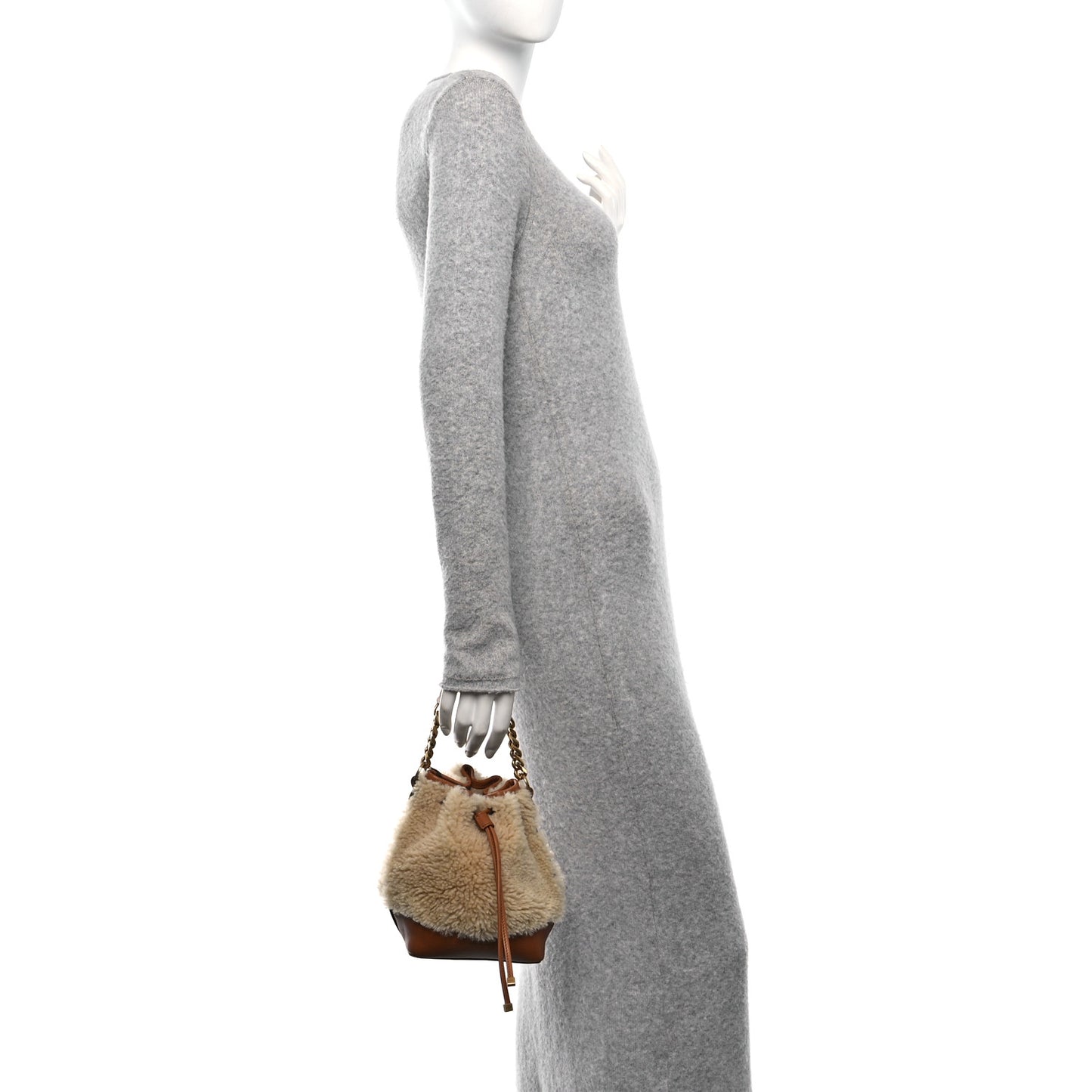 Shearling Calfskin Small Emmanuelle Bucket Bag Natural Beige Brick
