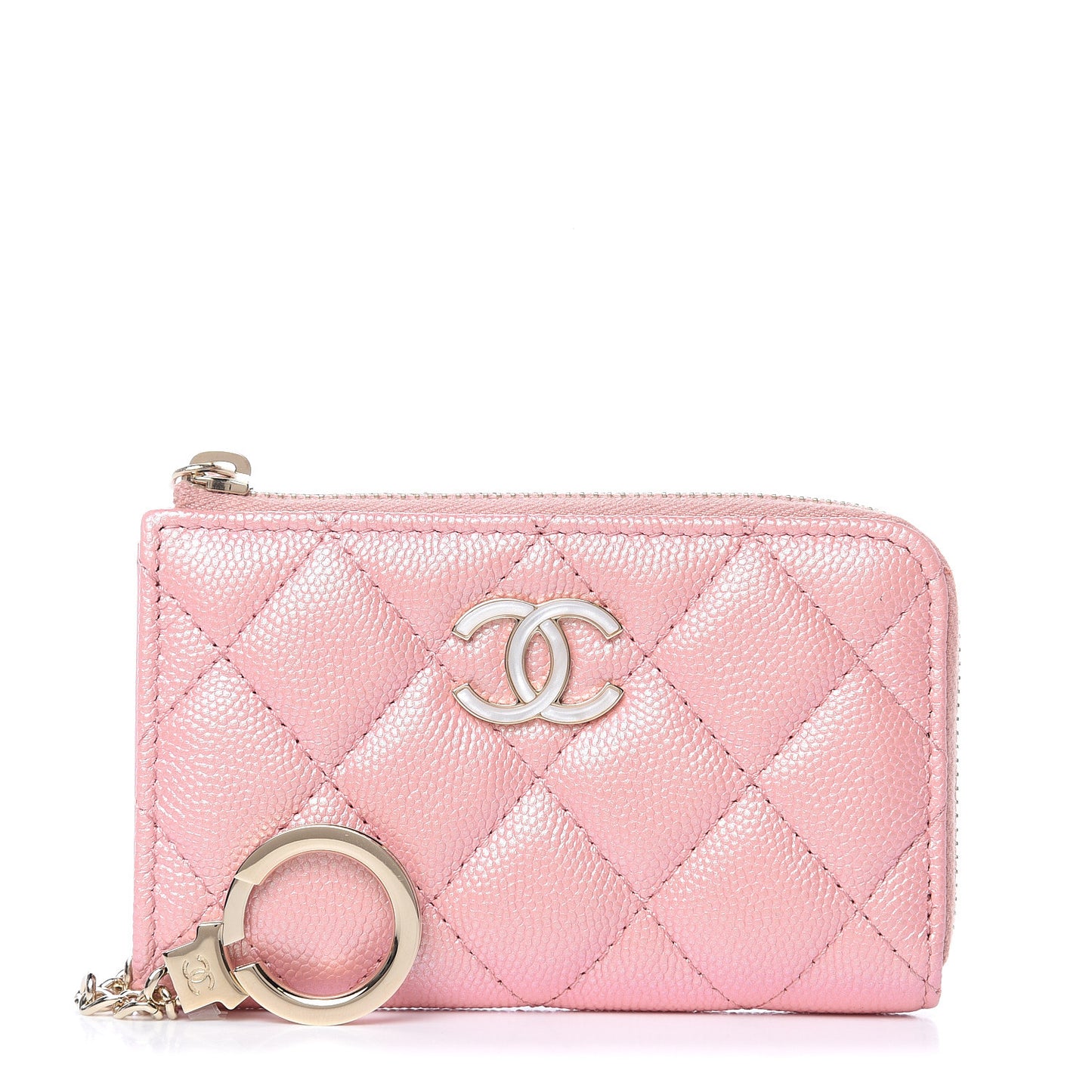 Iridescent Caviar Quilted Zipped Key Holder Case Rose Pink