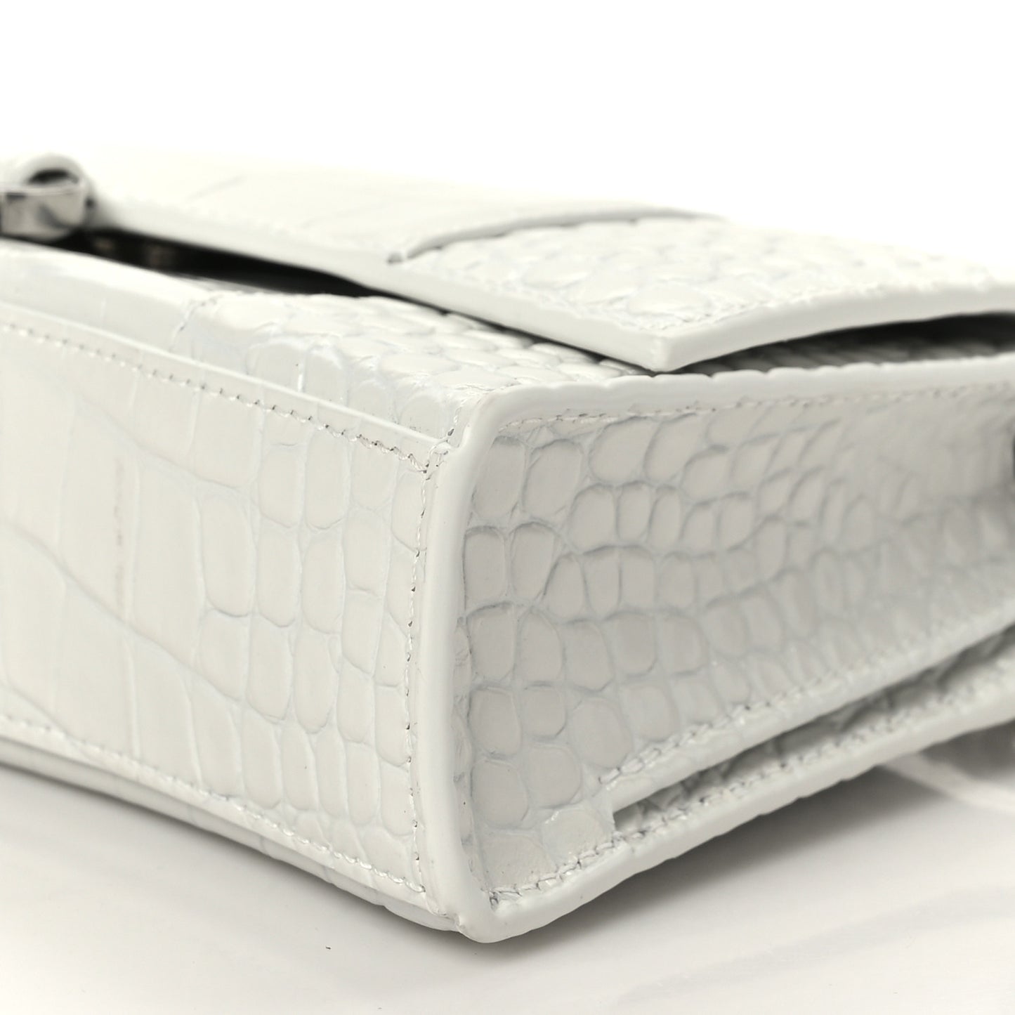 Shiny Calfskin Crocodile Embossed Small Hourglass Evening Chain Bag White