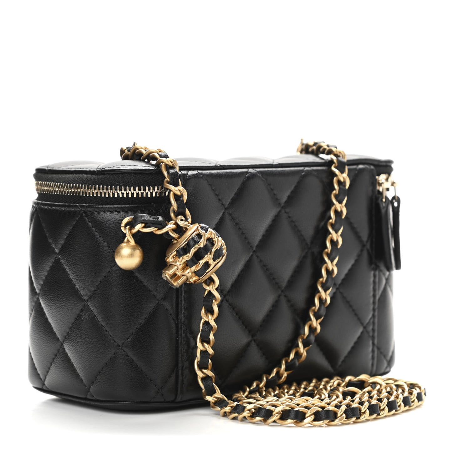 Lambskin Quilted Small Pearl Crush Vanity Case With Chain Black
