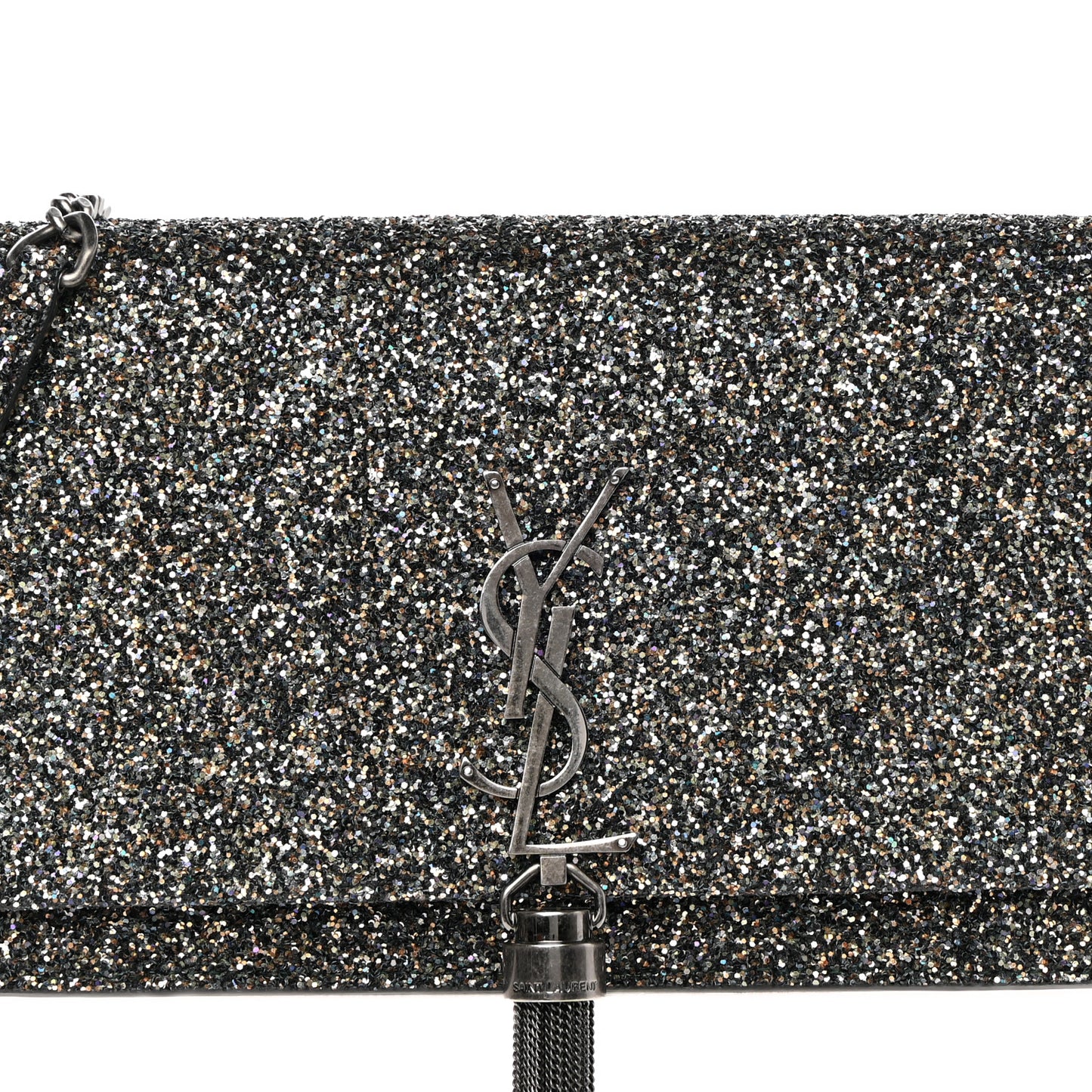 Metallic Glitter Classic Monogram Kate Tassel Chain Wallet Gun Metal Black