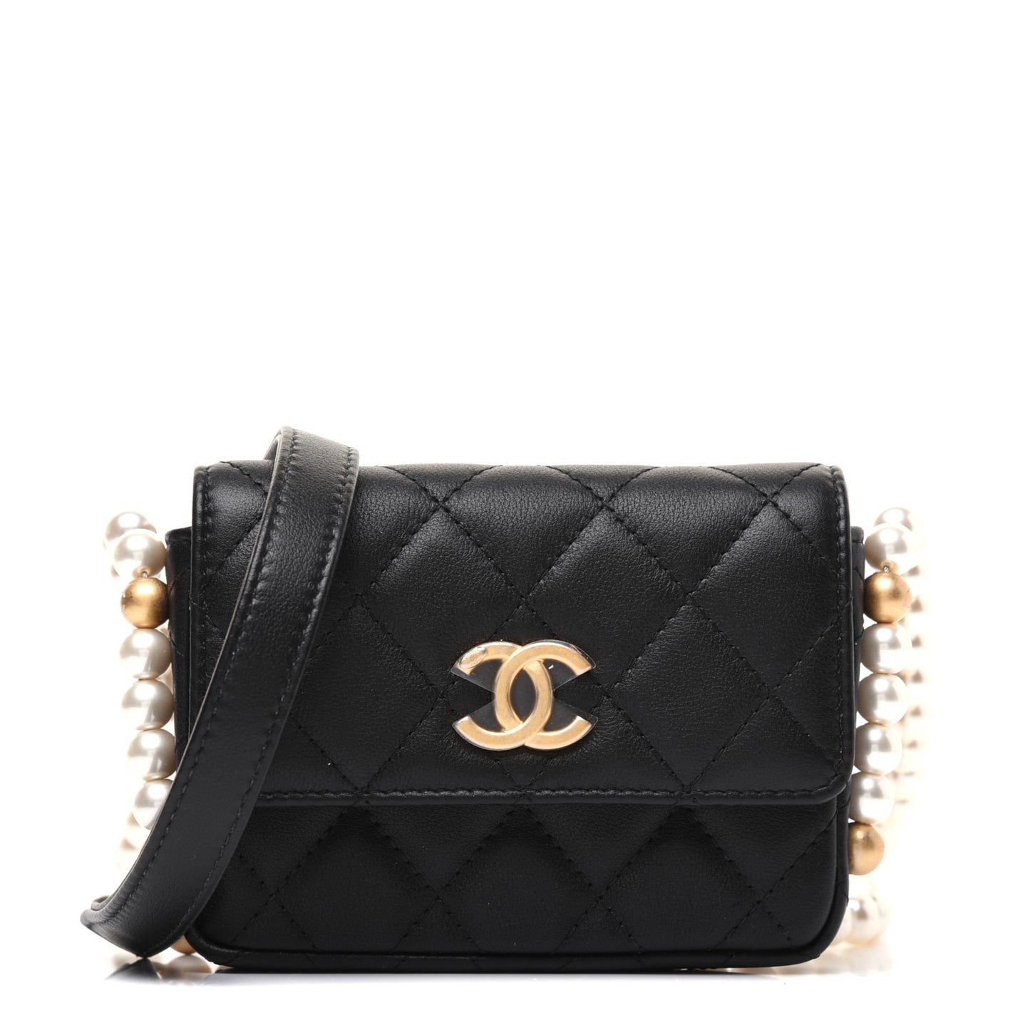 Calfskin Quilted About Pearls Card Holder Flap With Chain Black