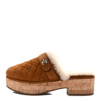 Chanel Suede Calfskin Shearling Turn Lock Clogs 39 Brown 1 of 8
