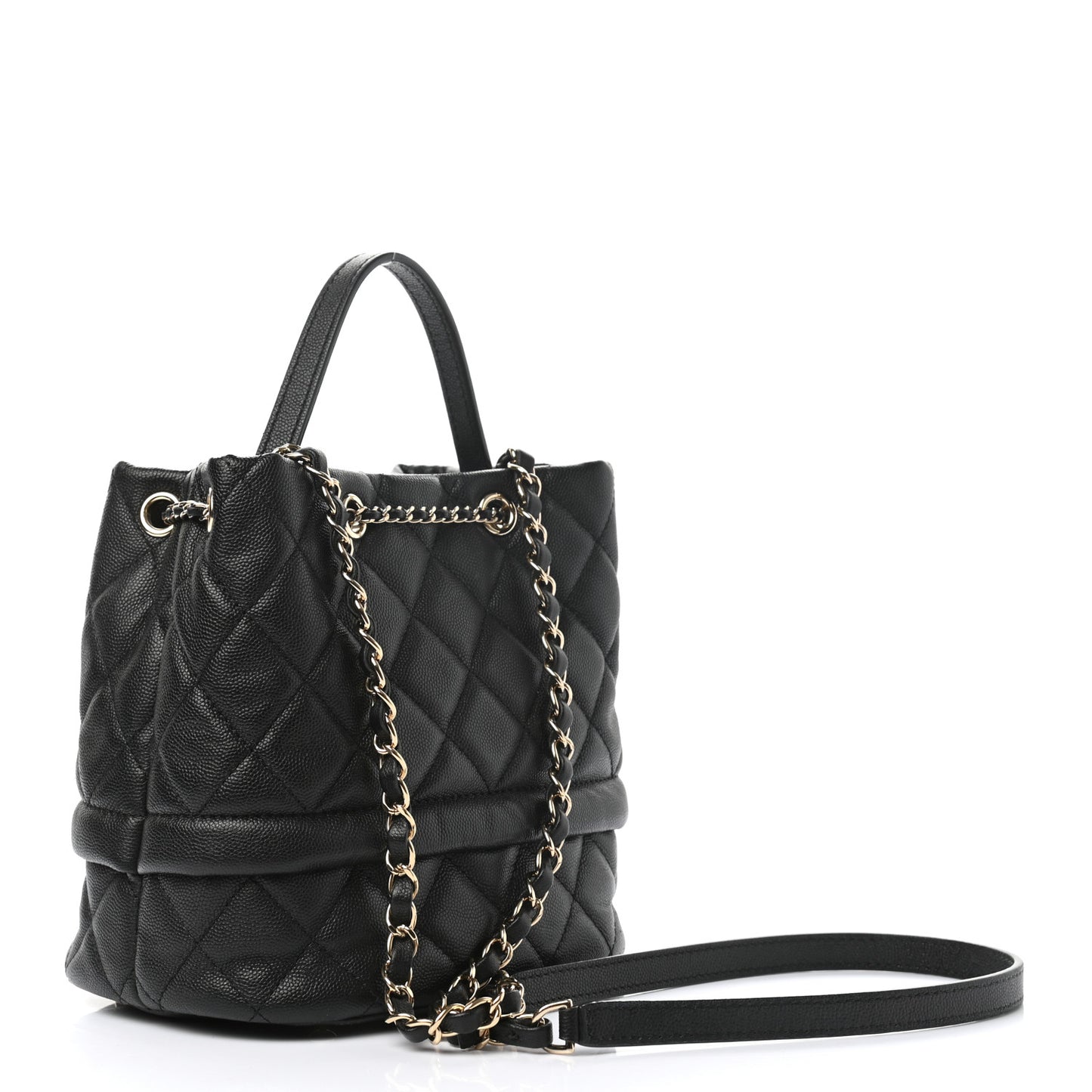 Caviar Quilted Rolled Up Bucket Drawstring Bag Black
