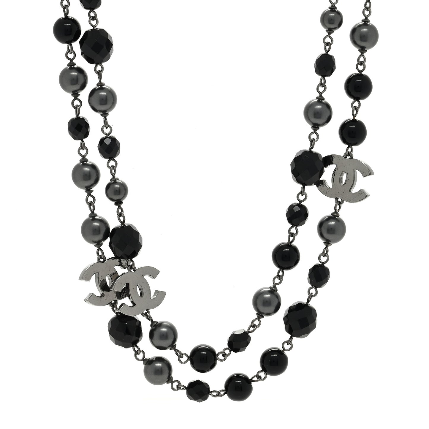 Ruthenium Pearl Beaded CC Long Necklace Black