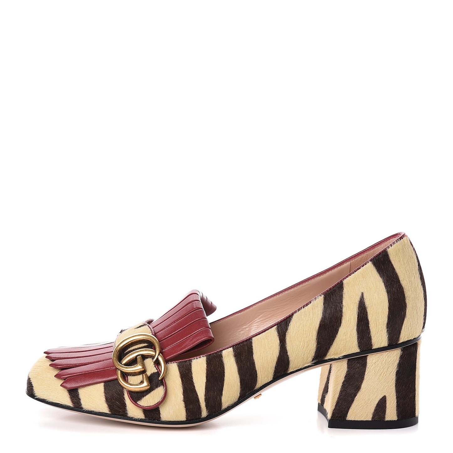 Calf Hair Malaga Kid Tiger Print GG Marmont Fringe 50mm Loafer Pumps 38 Natural Black Romantic Cerise