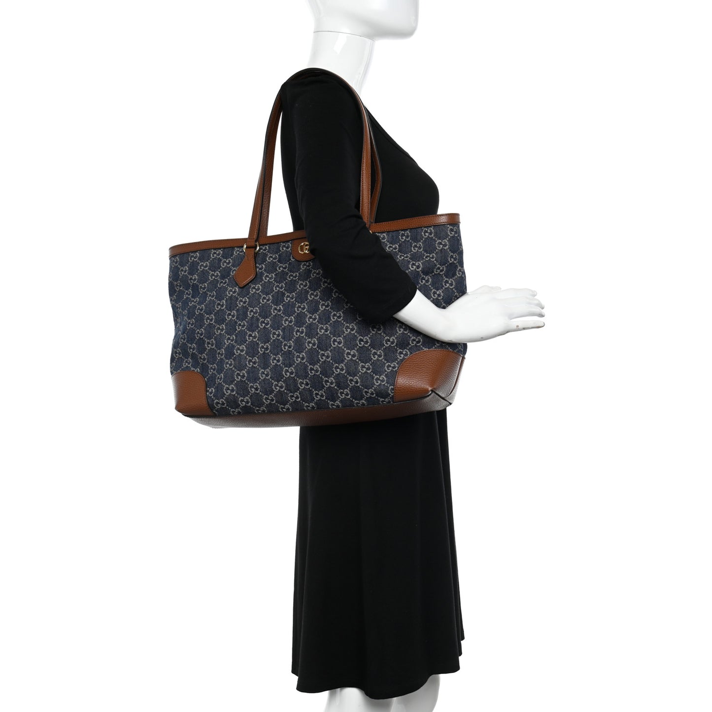 New Denim GG Monogram Medium Ophidia Shopping Tote Blue Tea Cuir