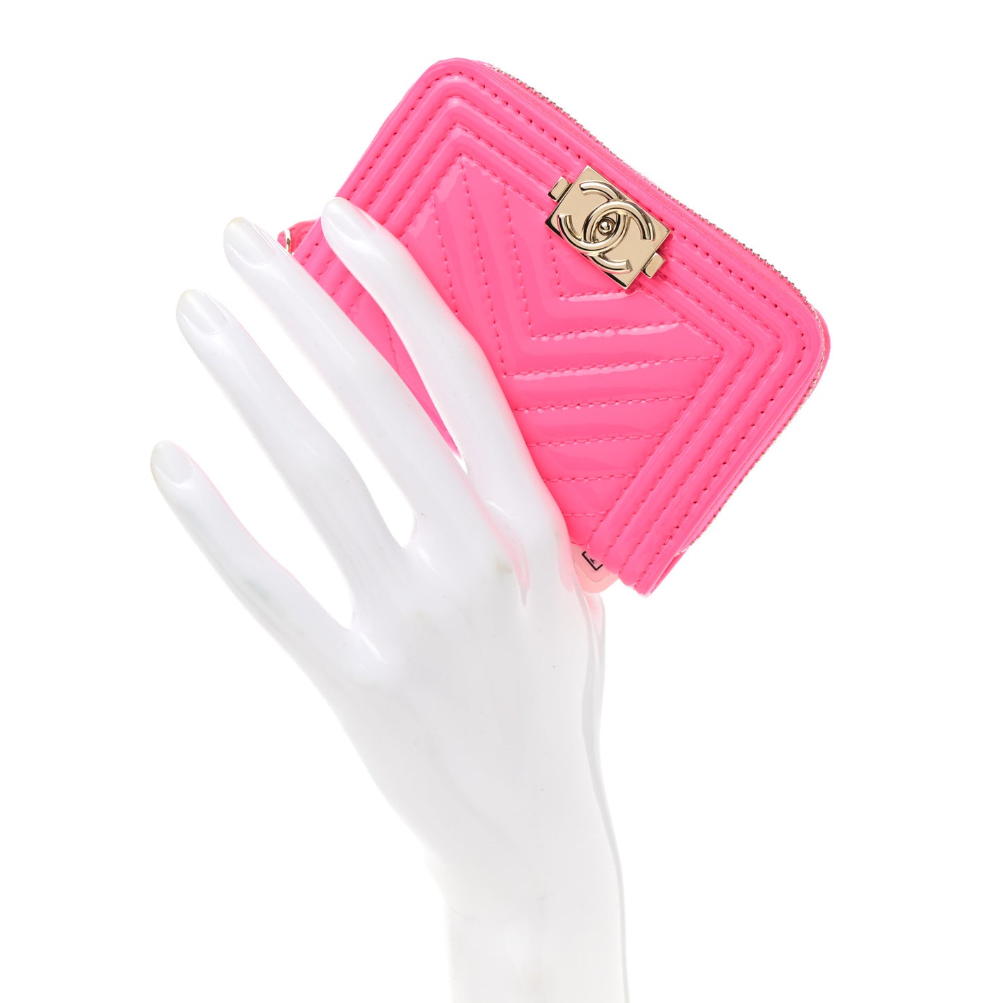 Patent Chevron Quilted Zip Around Boy Coin Purse Wallet Neon Pink
