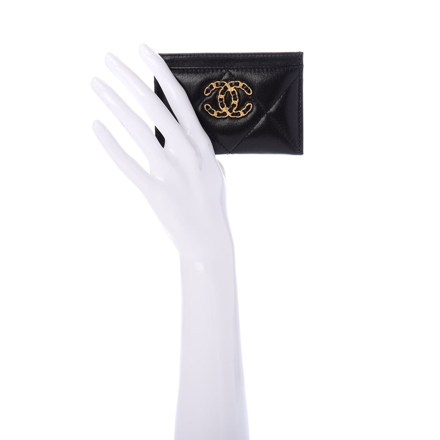 Shiny Goatskin Quilted Chanel 19 Card Holder Black