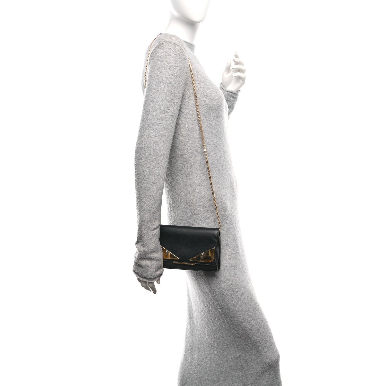 Fendi Vitello Liberty Lucido Metal Monster Eyes Tube Wallet on Chain Black 2 of 13