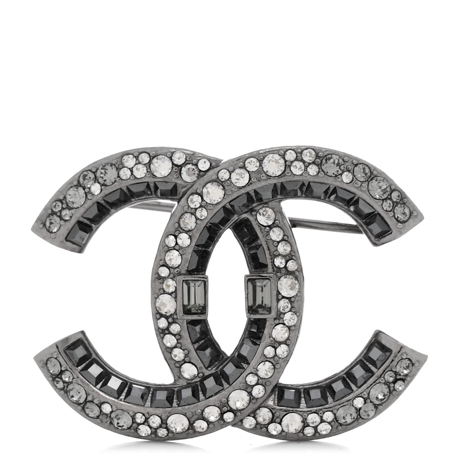 Chanel Baguette Crystal CC Brooch Silver Black 1 of 4