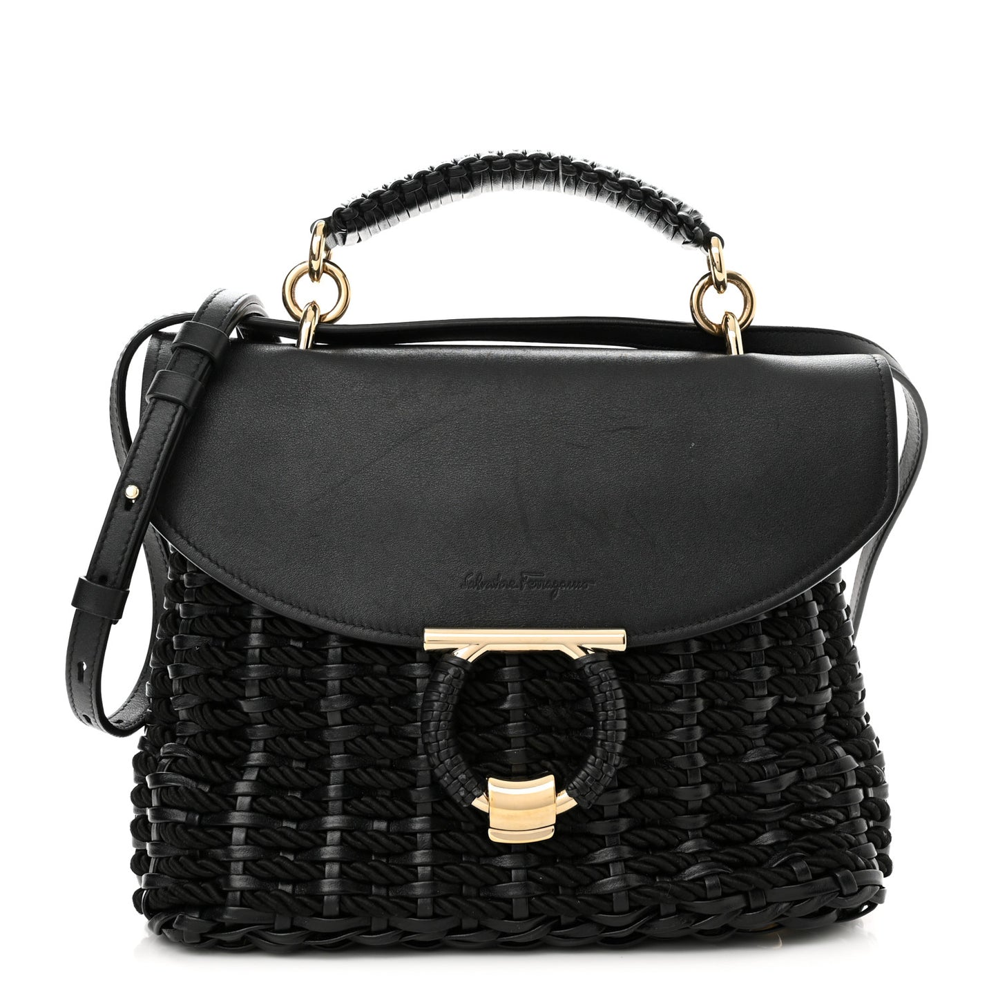 Calfskin Wicker Margot Top Handle Satchel Black
